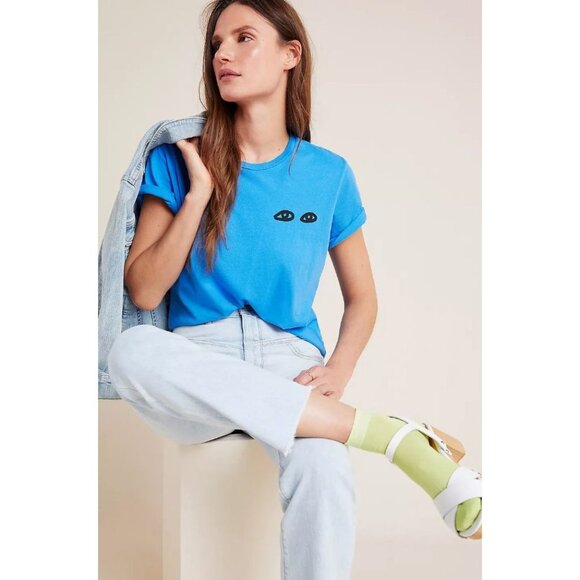 Clare V. Les Yeux Graphic Tee XS Blue Cotton Crewneck - Picture 4 of 12
